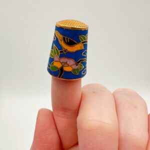 Vintage Cloisonné Thimble - Bird and Flower Pattern Goldtone